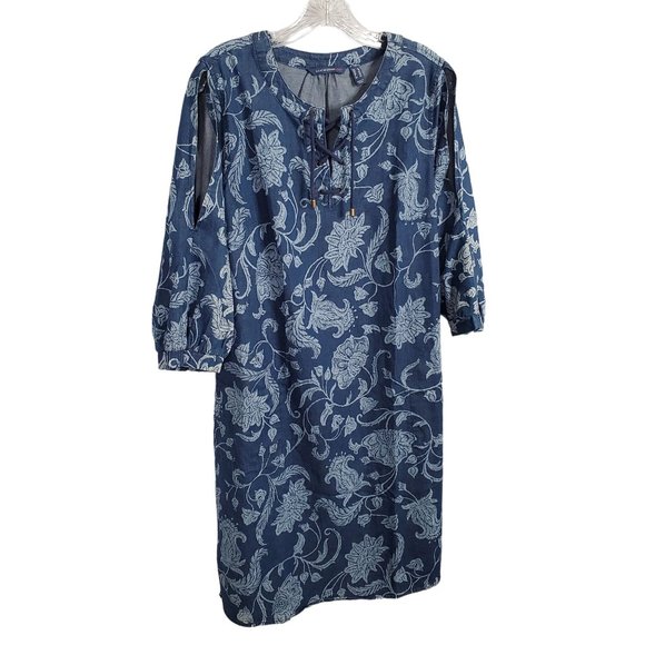 Isaac Mizrahi Dresses & Skirts - Isaac Mizrahi Live Sz 12 Dress Denim Chambray Floral Print Split Sleeves Lace Up
